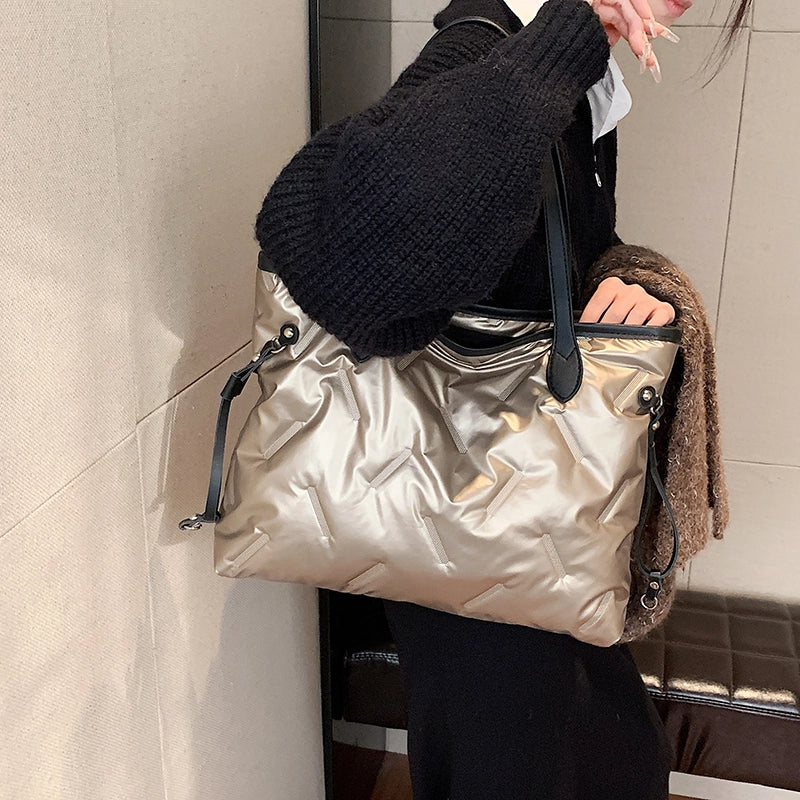 Women's Nylon Color Block Vacation Classic Style Sewing Thread Square Zipper Tote Bag