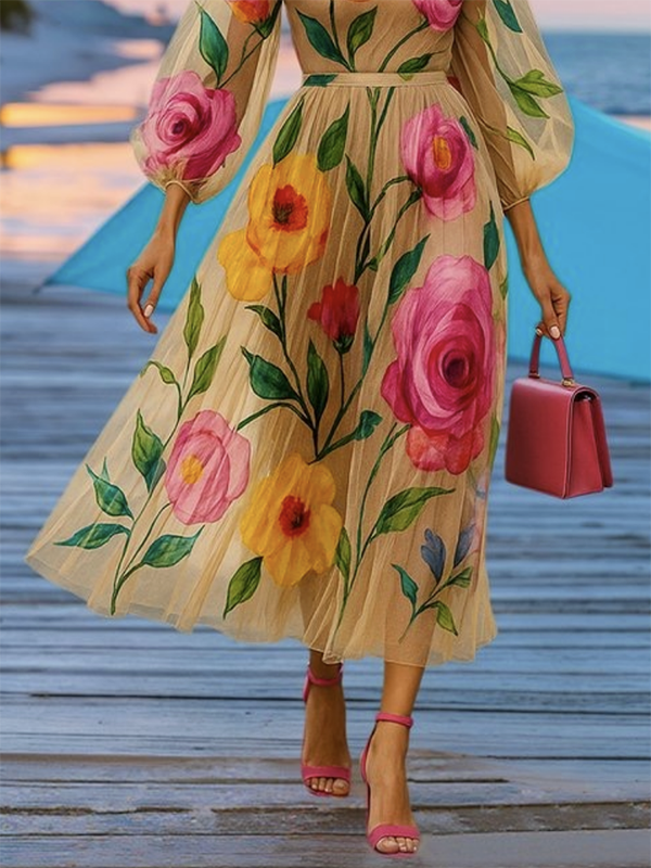 Loose Puff Sleeves Flower Print See-Through Round-Neck Midi Dresses