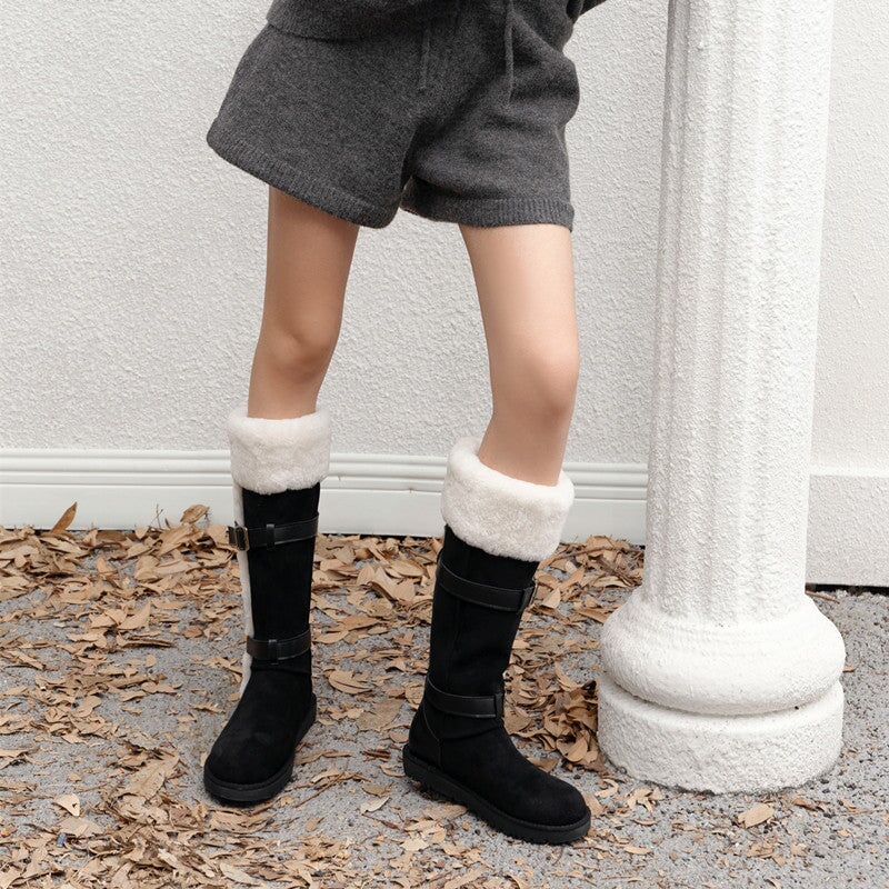 Foldable Suede Leather Knee High Snow Boots with Double Buckles in Brown/Black