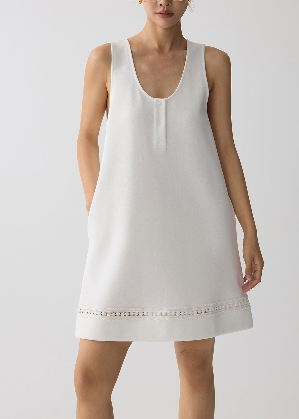 Women White U Neck Hollow Out Cotton Mini Dress Summer