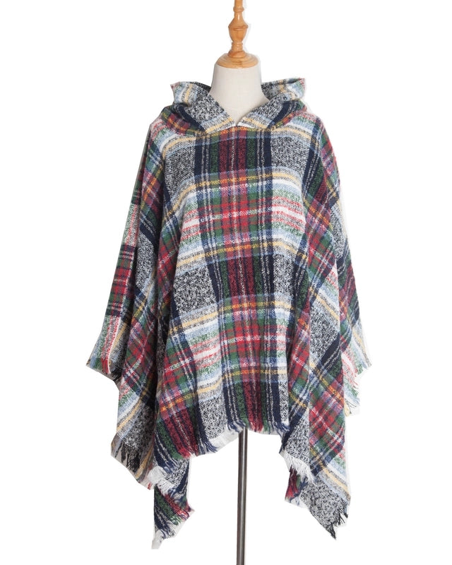 Direct New Cape Europe And The United States Spring And Autumn And Winter New Barbed Wool Pullover Plaid Hat Cape Shawl