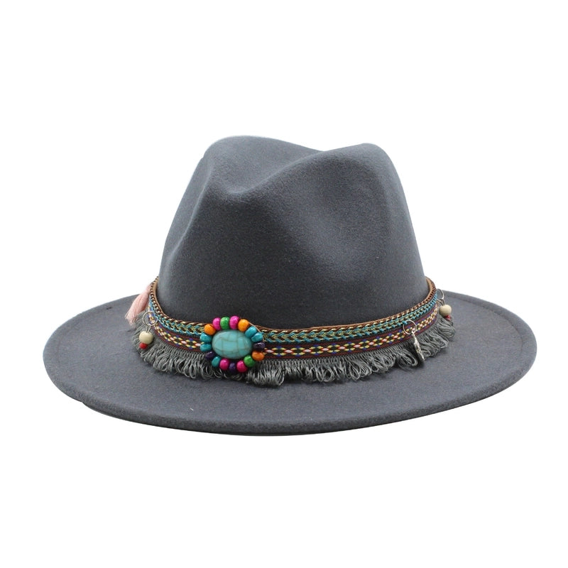 Designed Hot Sale Woolen Hat Women's Ethnic Style Retro Flat Brim Big Brim Jazz Hat