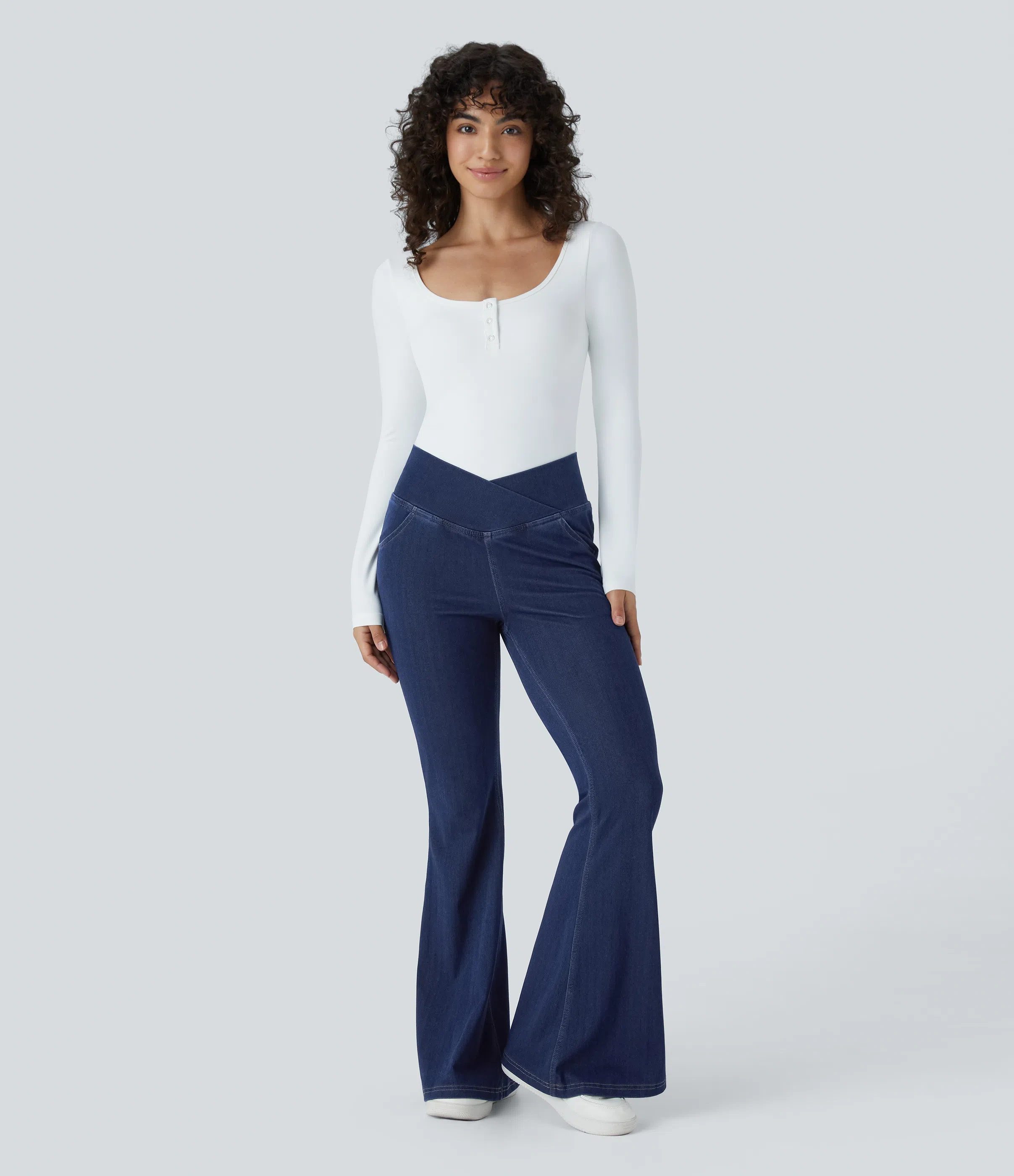 ⚡8 Packs for $25.95⚡- High Waisted Crossover Pocket Washed Stretchy Knit Casual Super Flare Jeans