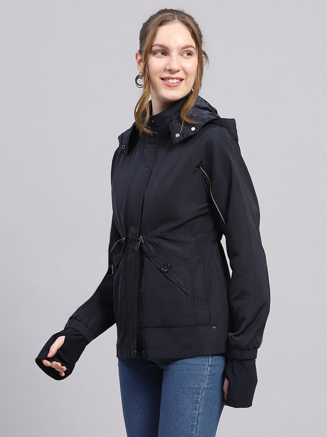 Women Navy Blue Solid Detachable Hood Full Sleeve Jacket