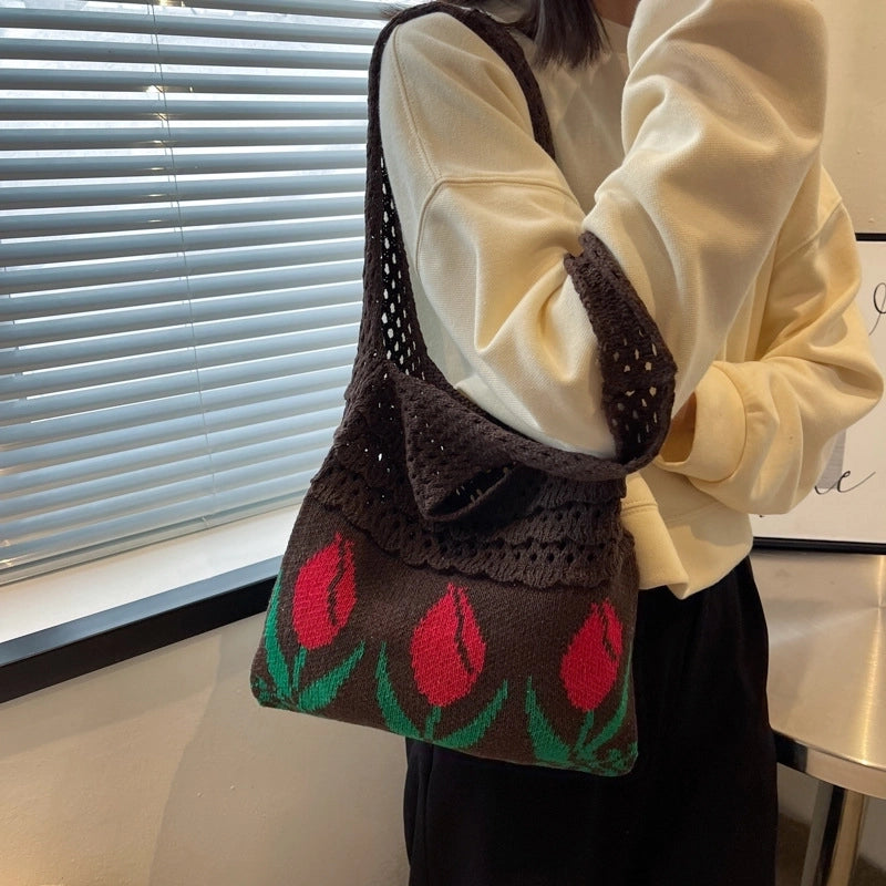Women's Medium Fabric Flower Vintage Style Vacation Weave Open Handbag