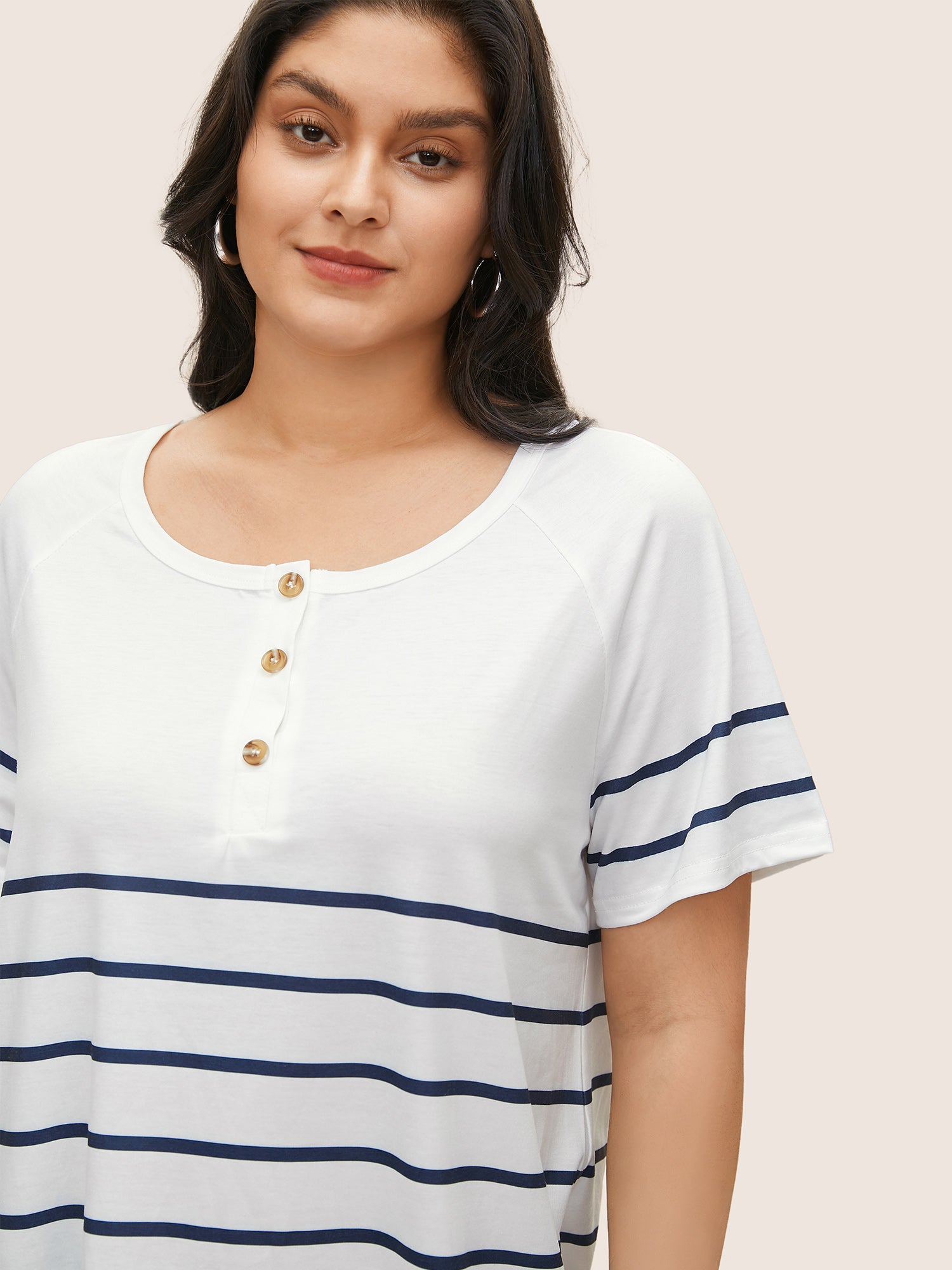 Striped Print Raglan Sleeve Button Up T-shirt