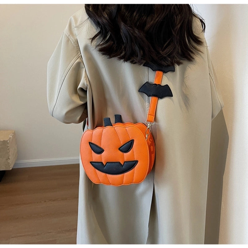 Halloween Women's Medium Pu Leather Pumpkin Vintage Style Zipper Shoulder Bag