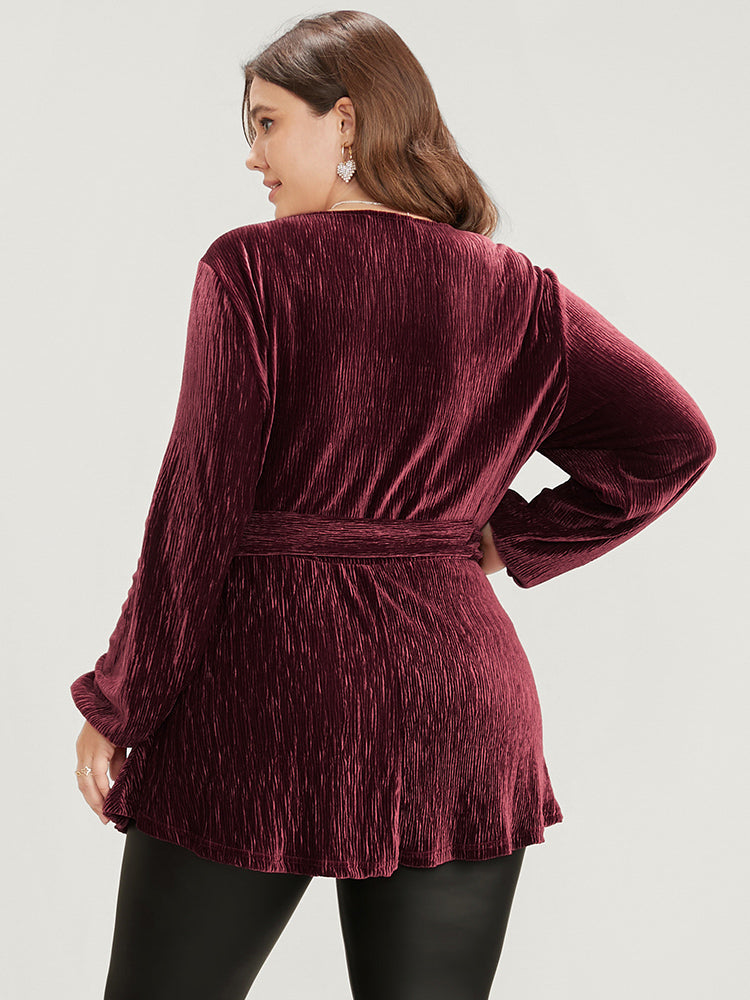 Glitter Textured Lantern Sleeve Belted Ruffle Blouse
