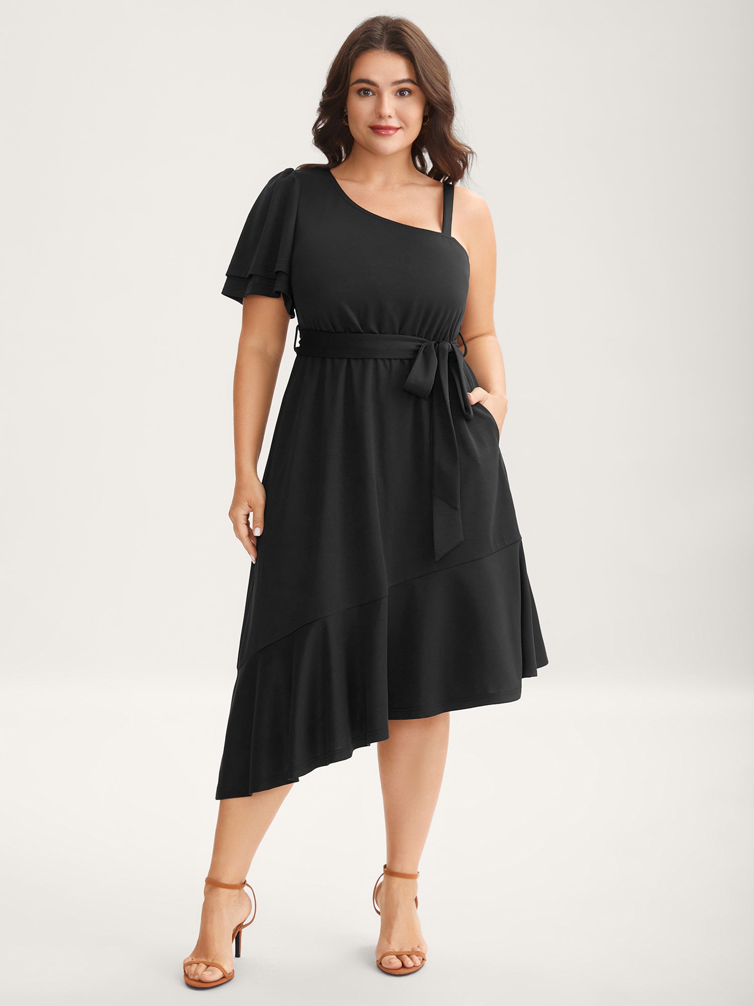 One-Shoulder Ruffled Belted Midi Dress