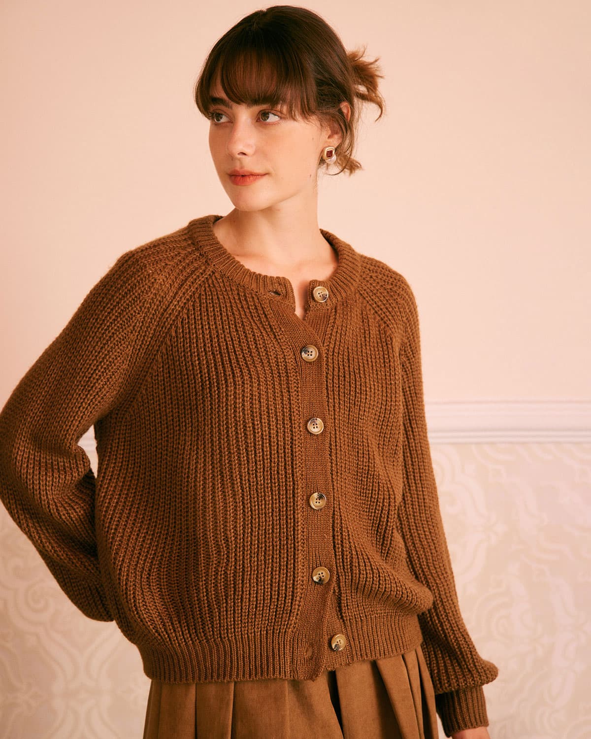 The Brown Round Neck Ribbed Knit Cardigan