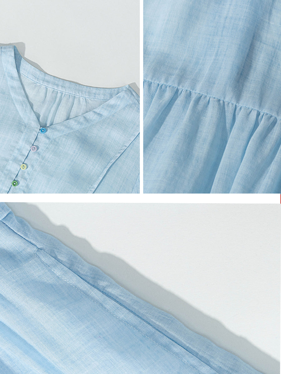 Women Summer Artsy Pure Color V-Neck Ramie Dress