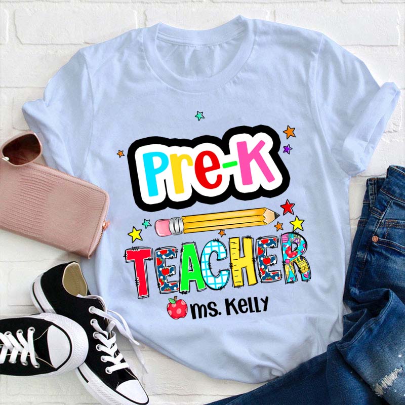 Personalized Grade And Name Color Pencil Stars Red Apple Teacher T-Shirt