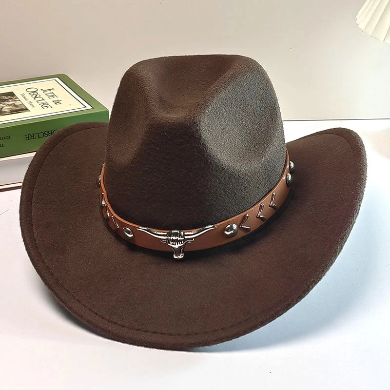 Autumn And Winter Woolen Denim Jazz Felt Hat For Men And Women Cow Head Mark Curled Top Hat Tibetan Sunshade Sunscreen Hat