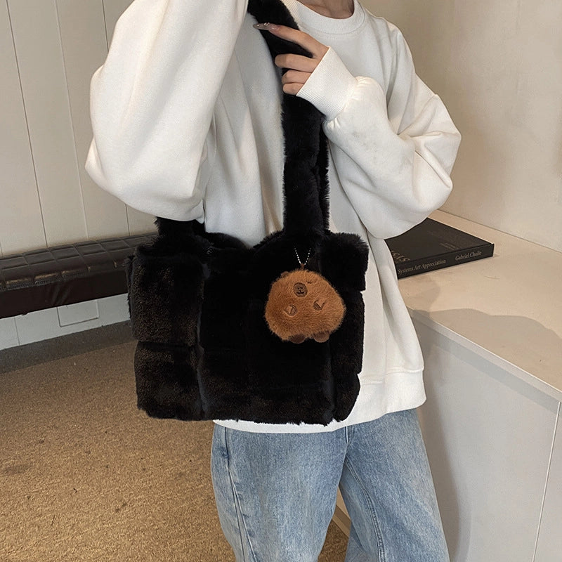 Women's Plush Solid Color Classic Style Square Magnetic Buckle Shoulder Bag Crossbody Bag