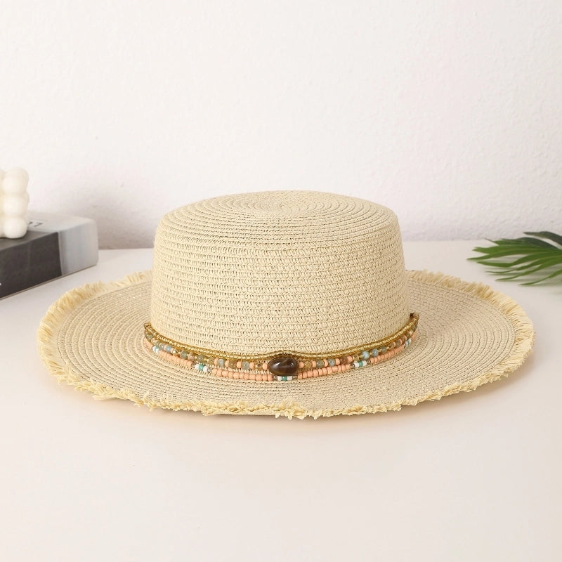 Women's Vacation Pastoral Solid Color Straps Wide Eaves Straw Hat