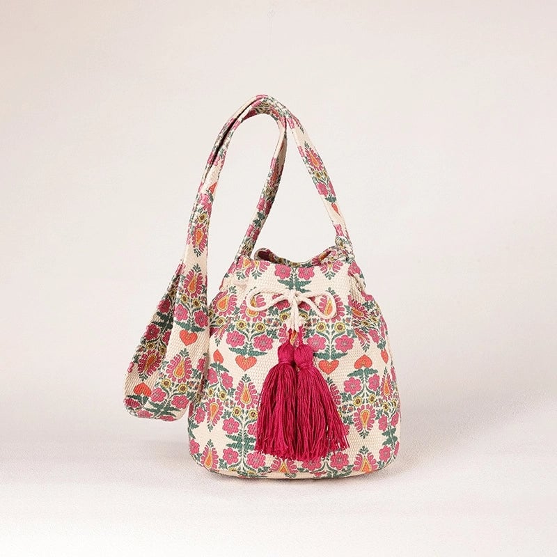 Women's Medium Canvas Geometric Ethnic Style Bucket Open Bucket Bag