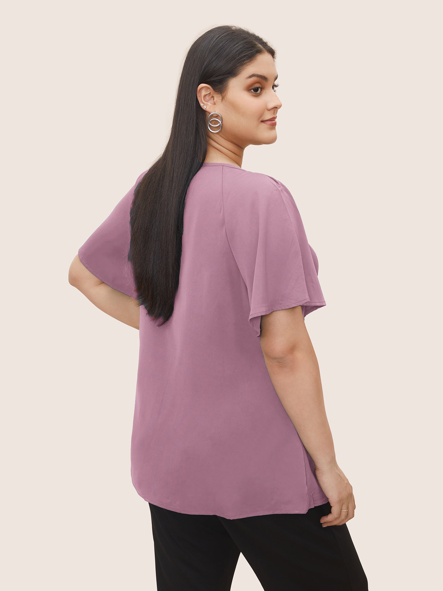 Plain Keyhole Knotted Front Ruffle Sleeve Blouse