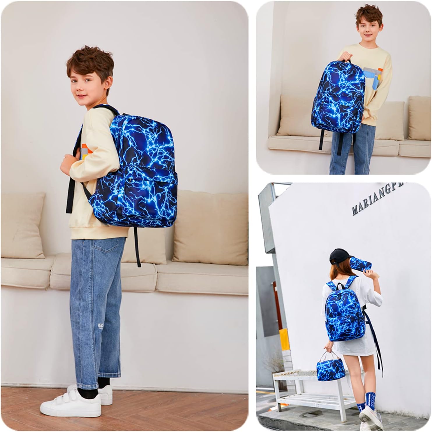 Boy School Backpack Elementary Middle Lightning Bookbag Laptop Teenager Waterproof Lightweight 17 Inches (1-Blue)