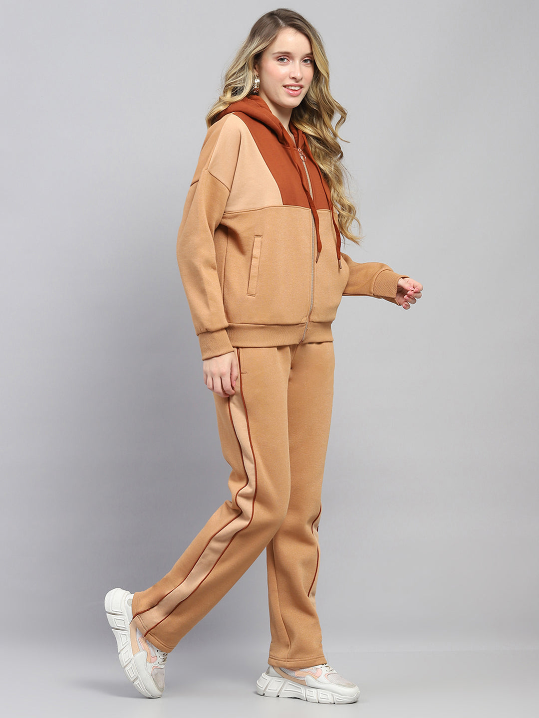 Women Rust Solid Hooded Full Sleeve Tracksuit