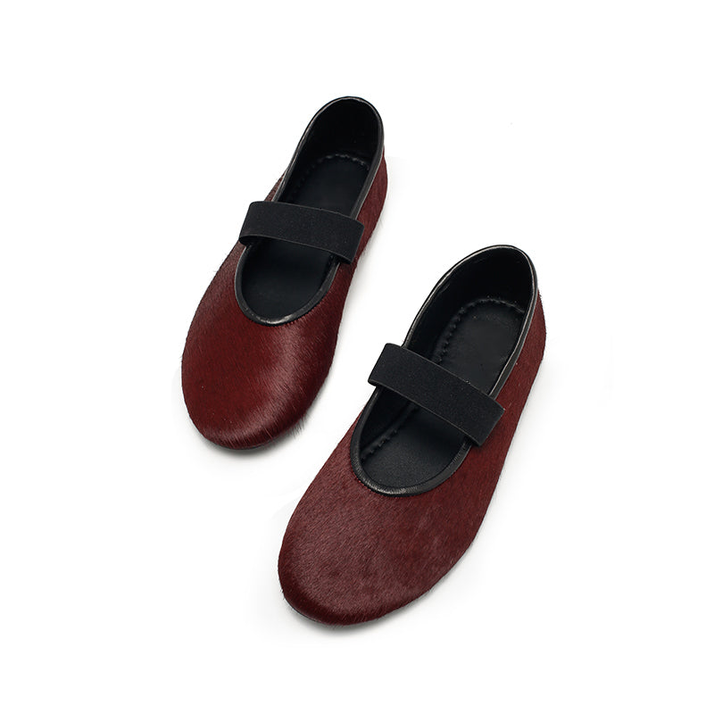 Elegant Round Toe Soft Leather Mary Jane Flats in Red/Black/Wine Red