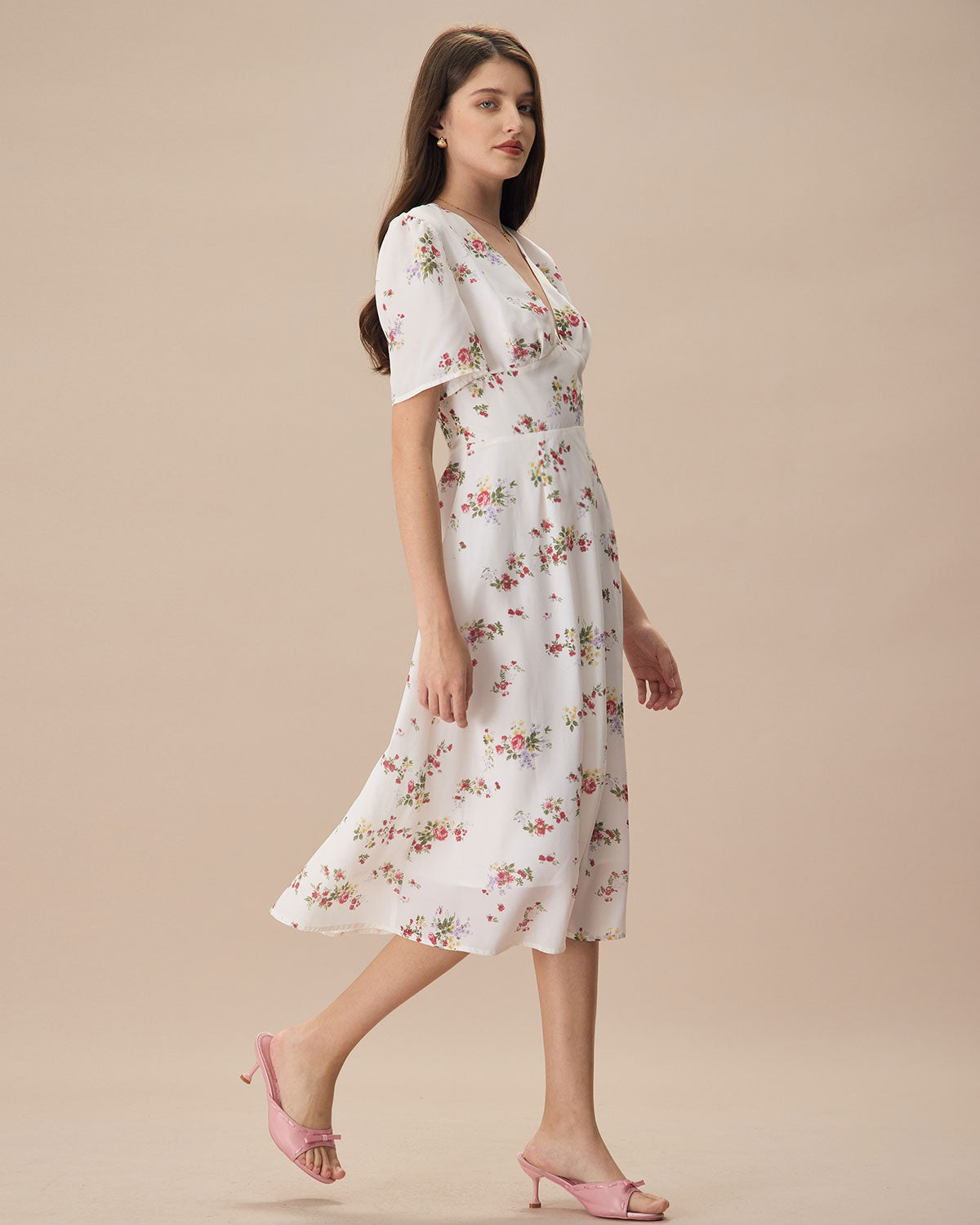 The Apricot V Neck Floral Ruched Midi Dress