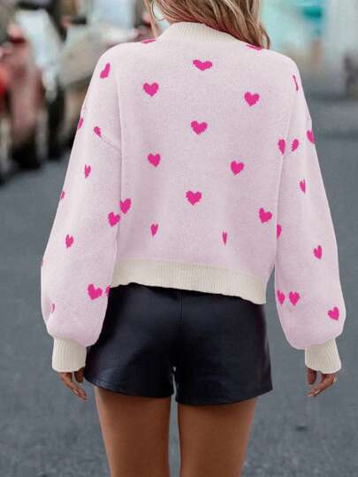 Final Sale⚡4 Packs for $24.98⚡ -Women's Heart Patterned Crew Neck Sweater