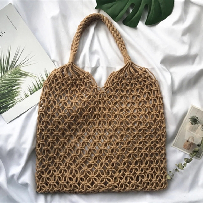 Women's Large Summer Cotton Thread Solid Color Vacation Beach Weave Hollow Open Handbag Beach Bag