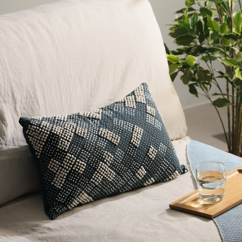 Checked Beaded Rectangular Cushion Cover - Blue White