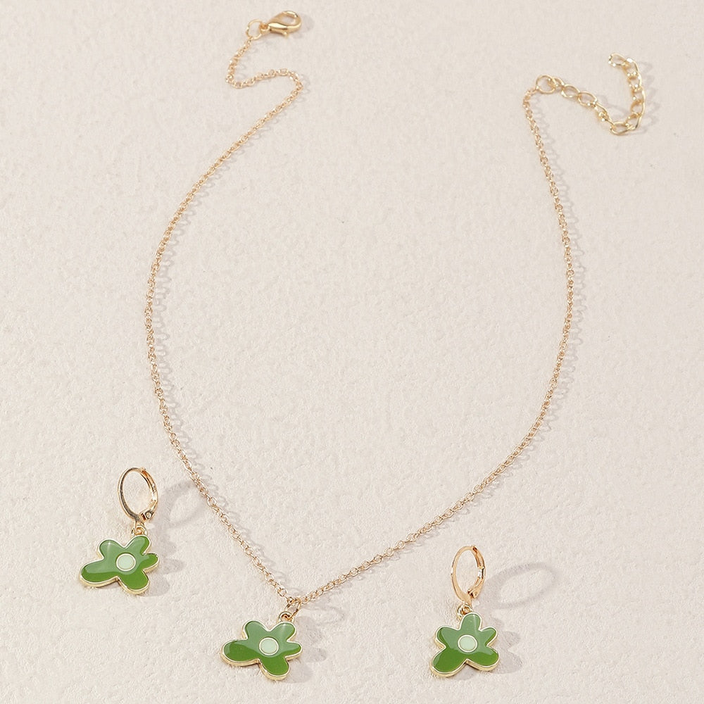 Stainless Steel Flower Necklace + Earring