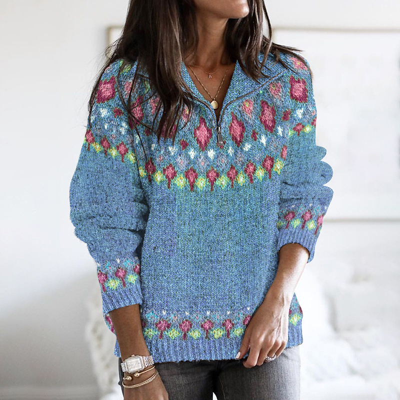 Vintage Geometric Jacquard Contrast Pattern Sweater