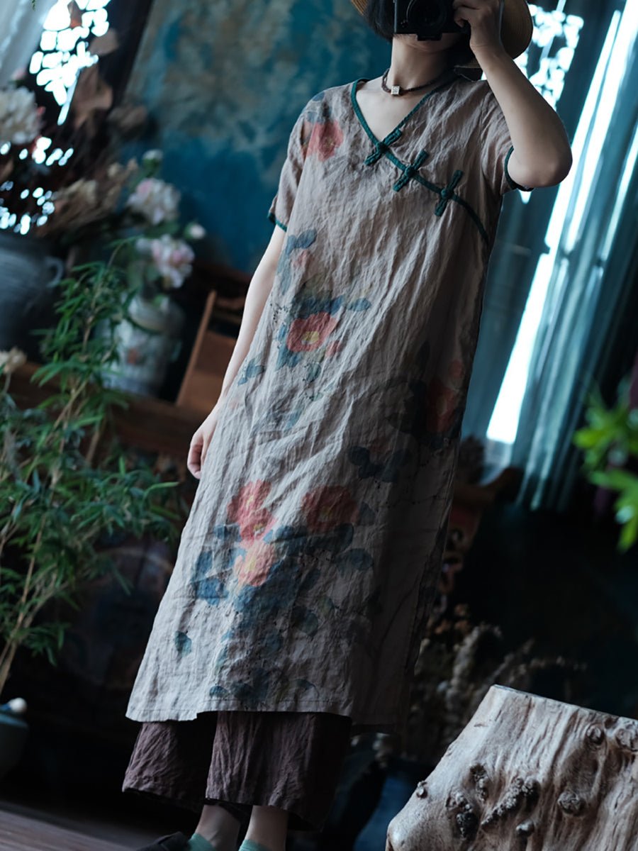 Women Ethnic Summer Flower Print Buckle Ramie Dress