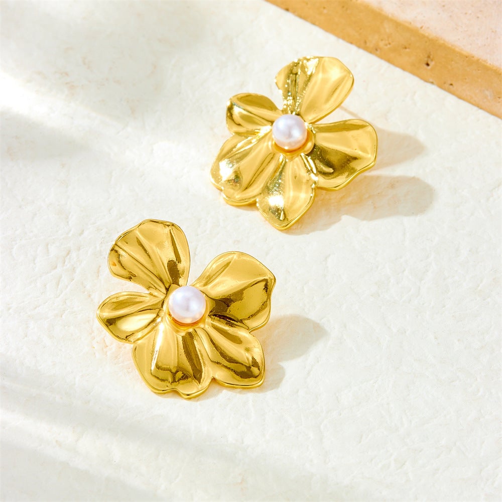 French Retro Golden Flower Earrings Niche Stainless Steel Earrings Exaggerated Earrings