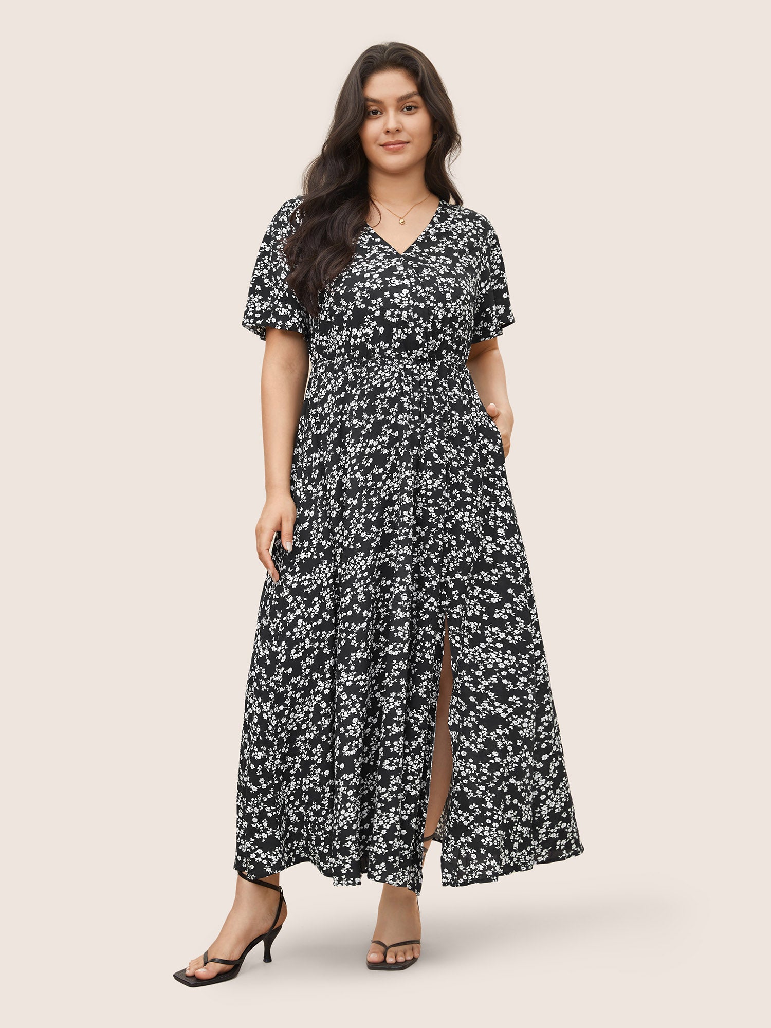 Bloom Dress - Flutter Sleeve Ditsy Floral Bag Split Maxi Dress