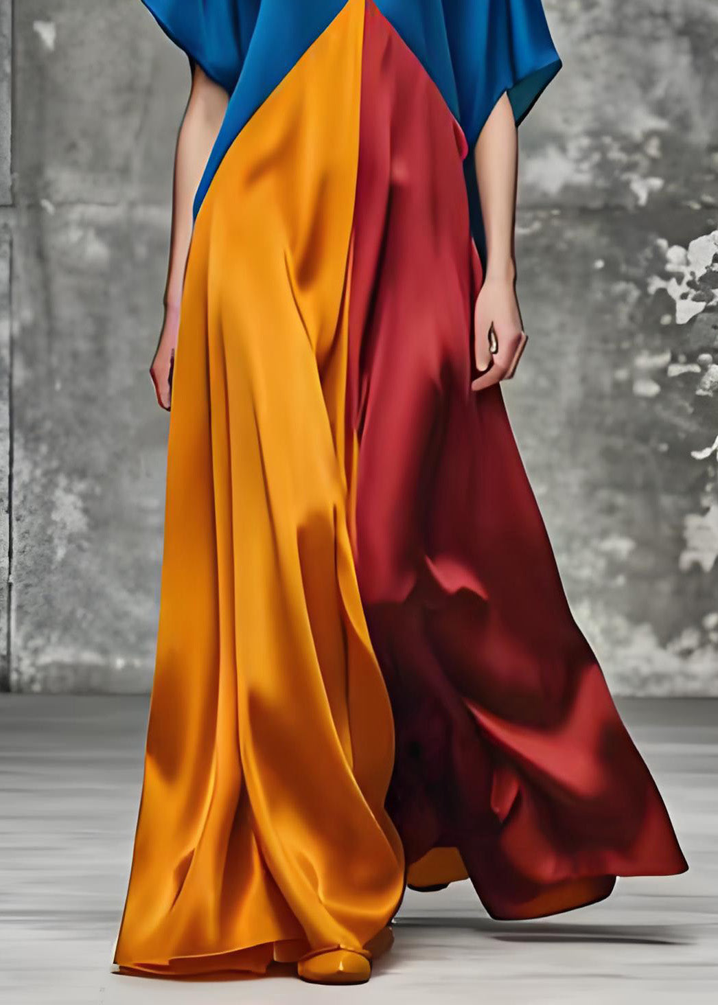 Colorblock V Neck Loose Silk Long Dress Summer