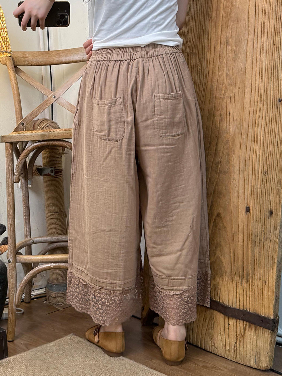Women Summer Artsy Lace Hem Cotton Wide-leg Pants