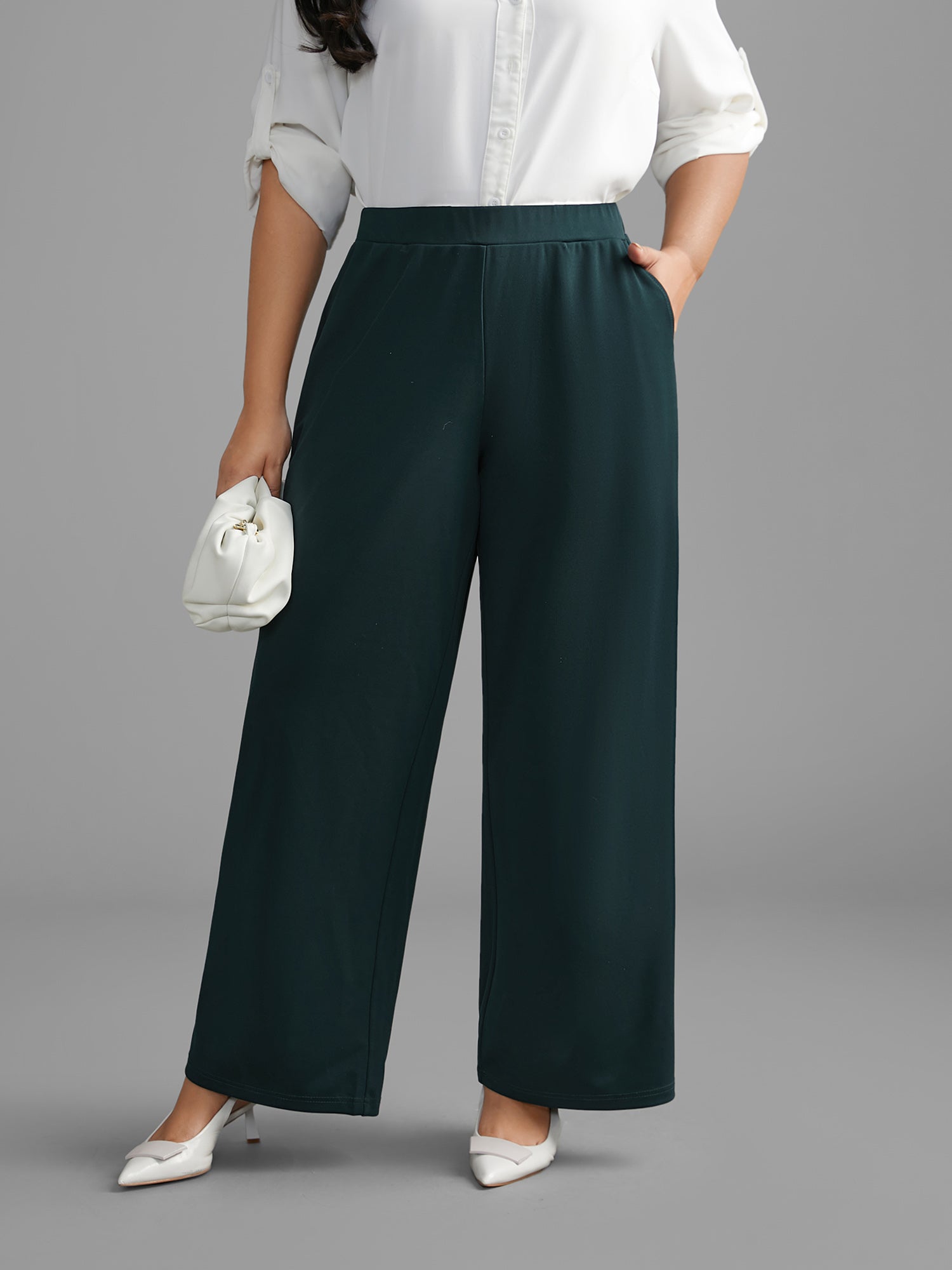 Solid Elastic Waist Wide Leg Pants