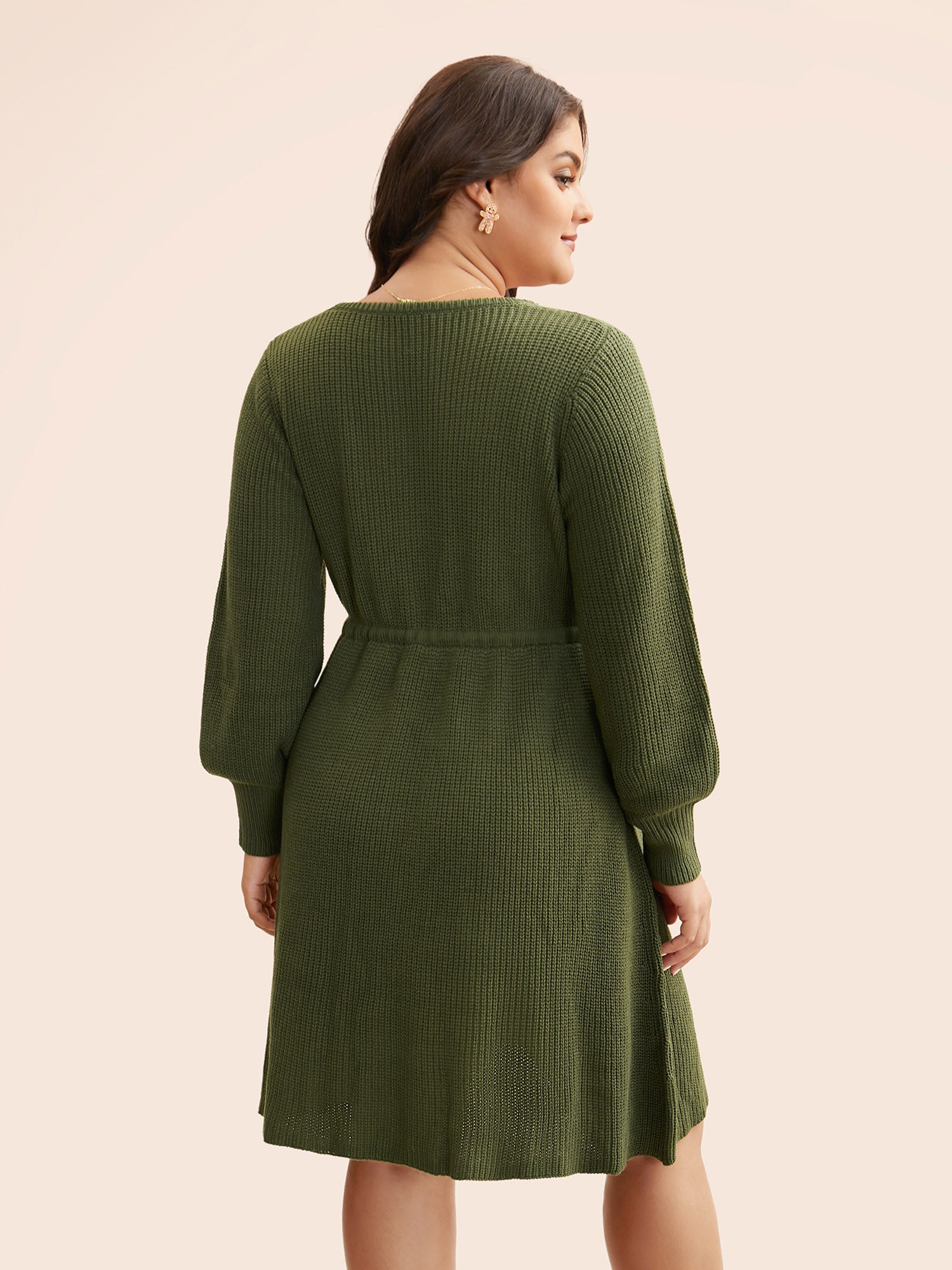 Square Neckline Waist-Tie Midi Sweater Dress