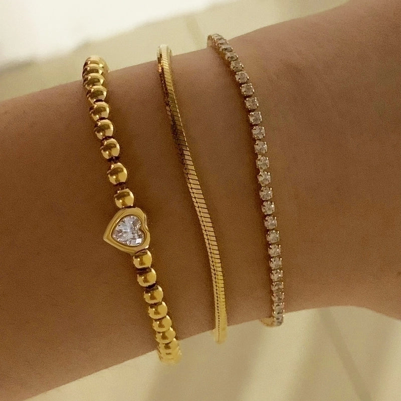 Modern Style Minimalist Heart Shape 304 Stainless Steel Zircon 16K Gold Plated White Gold Plated Gold Plated Plating Bracelets Necklace
