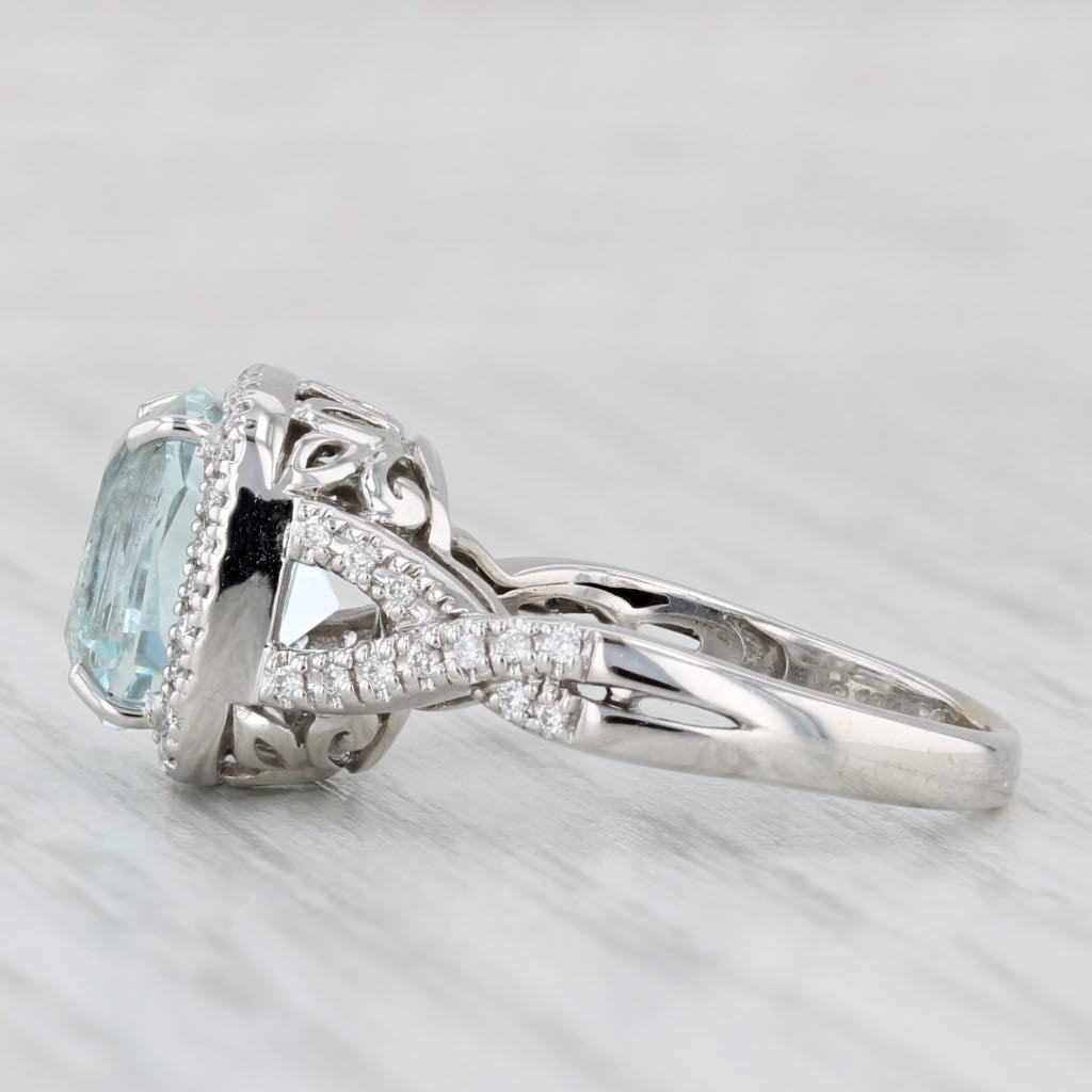 3.55ctw Aquamarine Diamond Halo Ring 14k White Gold Floral Bridge Size 6.25