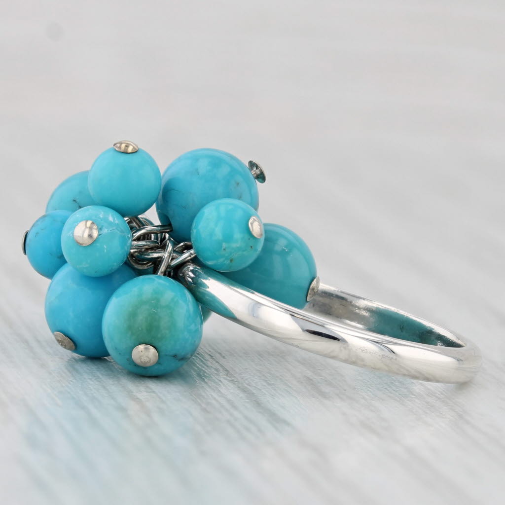 Turquoise Bead Cluster Ring Sterling Silver Size 6 Band Statement