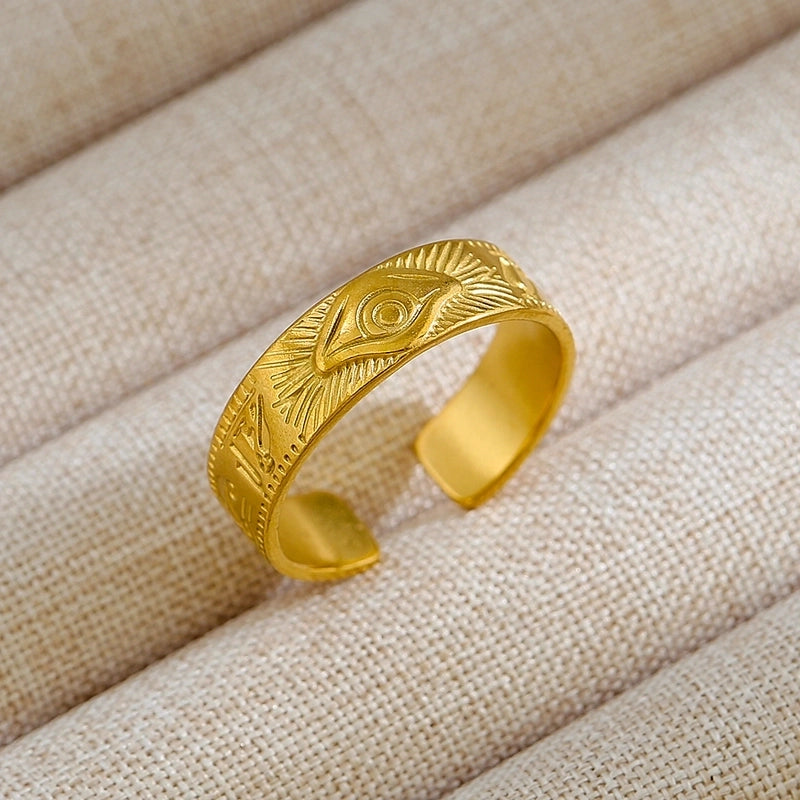 Rock Oversized Leaves Eye Flower 304 Stainless Steel Gem 18K Gold Plated Inlay Open Rings
