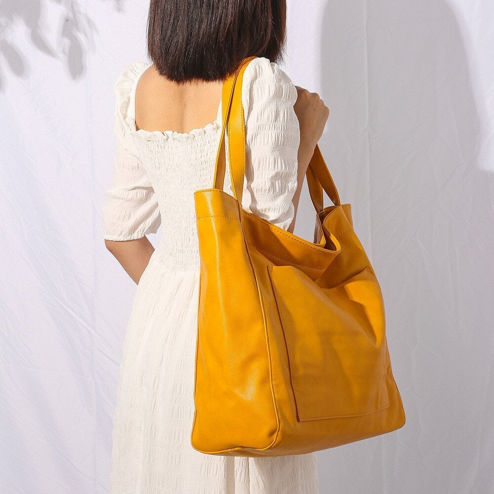 Women's Large Soft Leather Tote Bag With Pocket