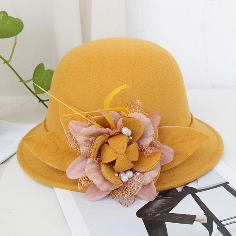 Fisherman Hat Female British Retro Feather Flower Wool Hat  Elegant Socialite Felt Hat Basin Hat