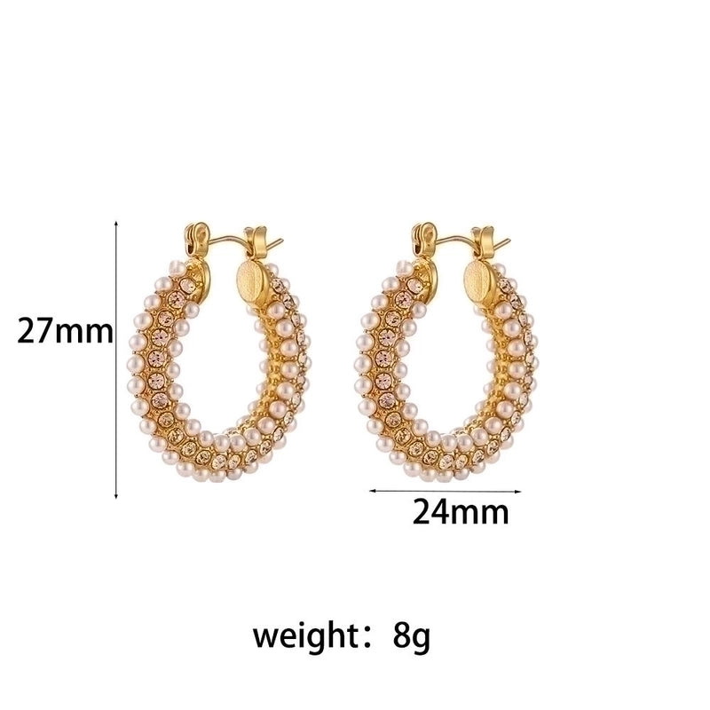 1 Pair Fashion U Shape Plating Inlay 304 Stainless Steel Pearl Zircon 18K Gold Plated Hoop Earrings