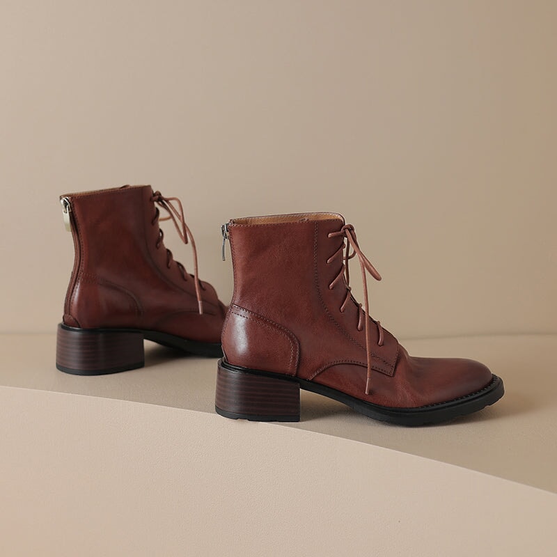 Women's Handmade Cowhide Lace-Up Zipper Martin Boots with Mid Heel Black/Brown