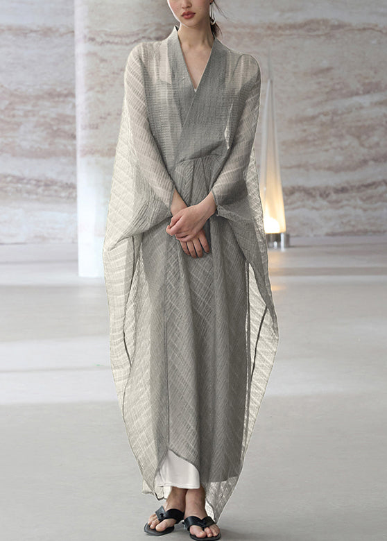 Beautiful Grey V Neck Patchwork Cotton Dress Two Piece Set Summer