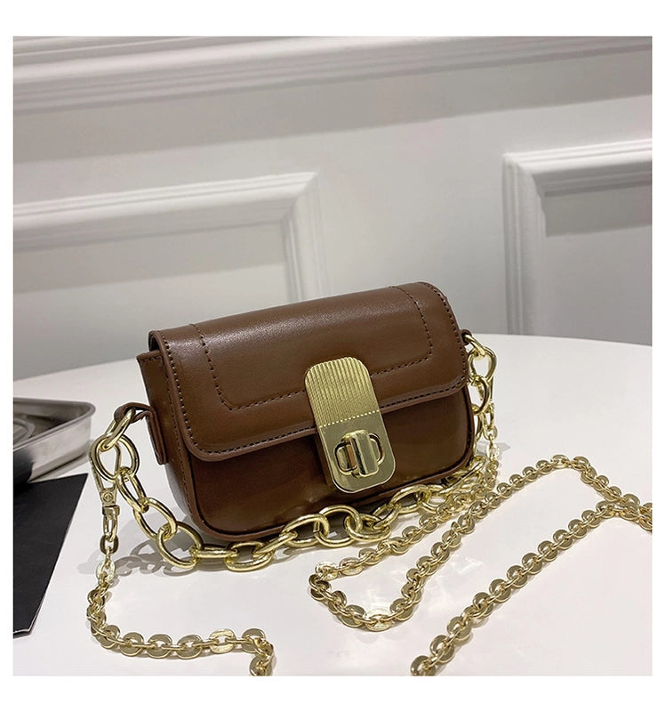 Women's Small Pu Leather Solid Color Basic Chain Square Lock Clasp Crossbody Bag