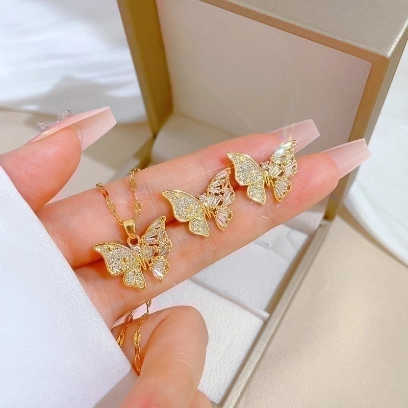 Copper Minimalist Plating Inlay Rhombus Bow Knot Zircon Jewelry Set