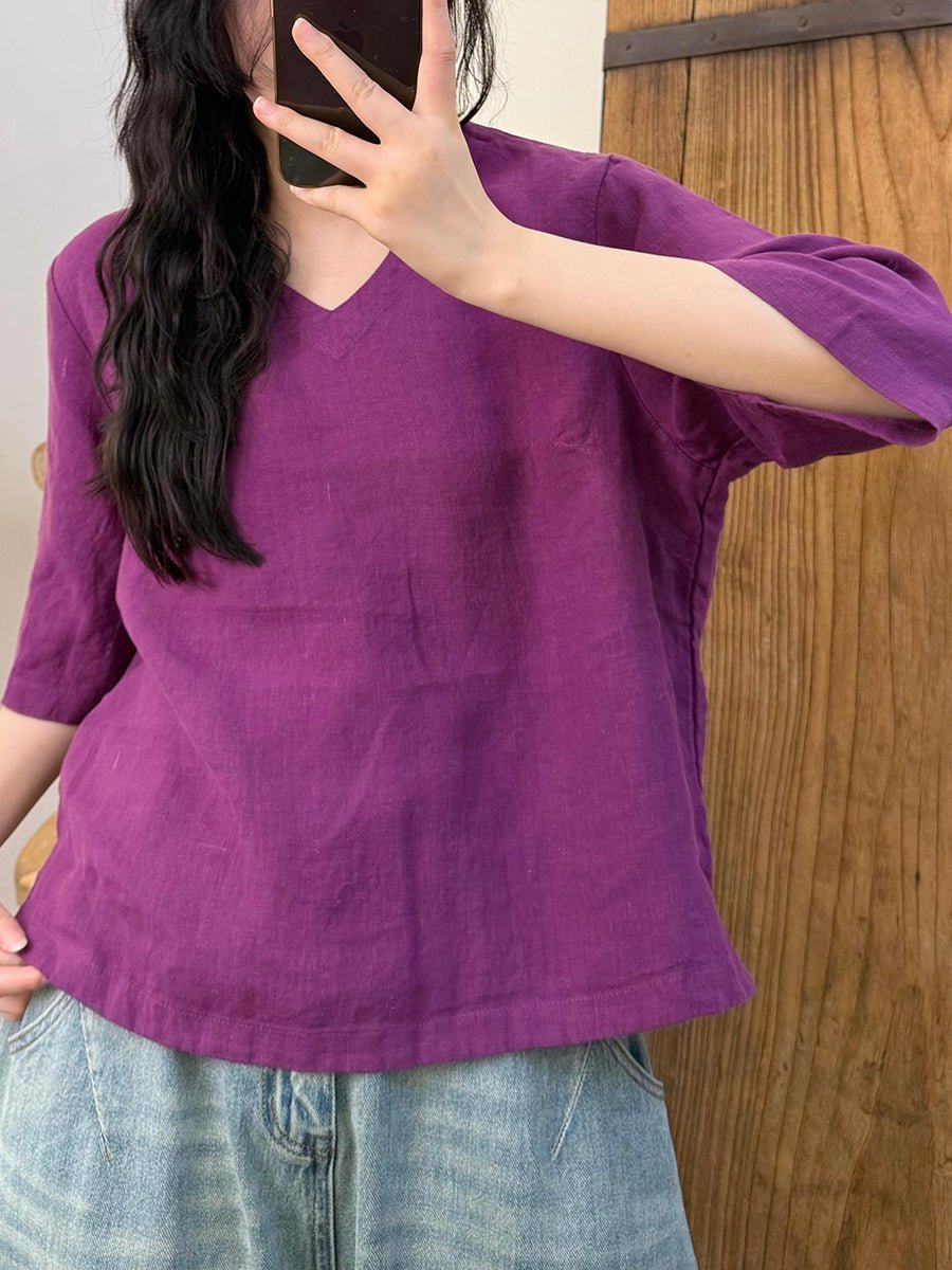Women Summer Retro Pure Color V-Neck Linen Shirt