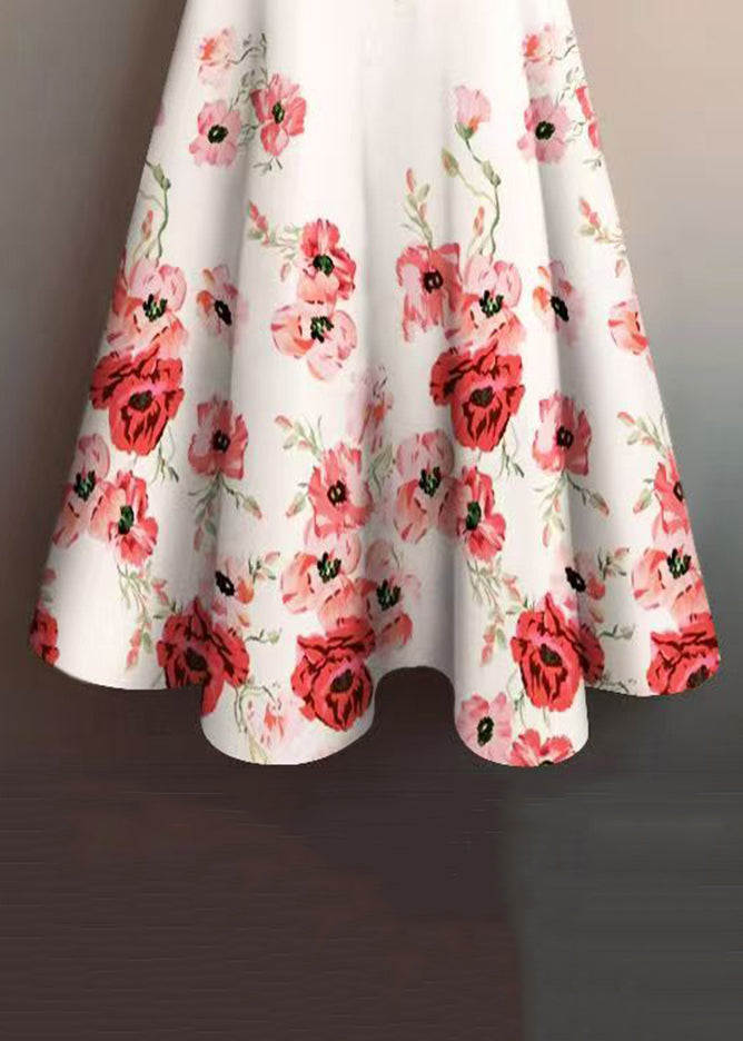 White Print Cotton Skirts Elastic Waist Summer